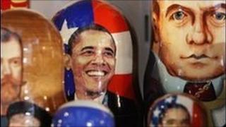 Traditional Russian nesting dolls with the images of US President Barack Obama and Russian President Dmitry Medvedev on display in Moscow