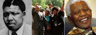 Слева: фотография Нельсона Манделы (AP), сделанная в 1961 году; В центре: г-н Мандела и его тогдашняя жена после освобождения из тюрьмы в 1990 году (AFP); Справа: мистер Мандела на фото 2007 года (AP)