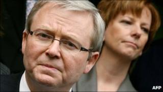 A file photo taken in December 2006, shows former Labor prime minister Kevin Rudd (L) and current prime minister Julia Gillard