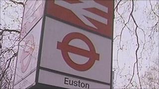 A sign at the front of Euston station