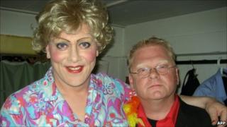 Jon Gnarr (left) poses with the director of Reykjavik Gay Pride festival, Heimir Mar Petursson (5 August 2010)