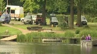 Search patrols at the lake in Shropshire where a best man went missing after a late night lake swim
