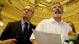 Gerry Kelly and Gerry Adams at Belfast City Hall