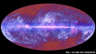 A false-colour image of the whole sky as seen by Planck