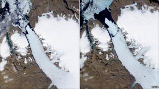 Satellite images of ice island, which broke off the Petermann Glacier in Greenland (Image: NASA)