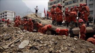 Rescue workers in Zhouqu, China, 11 August 2010