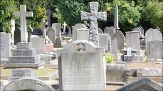Grave memorials in a cemetery