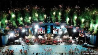 Performers dance and sing at the Opening Ceremony of the 2010 Youth Olympics