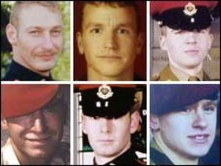 From top left: Sergeant Simon Alexander Hamilton-Jewell; Corporal Russell Aston; Corporal Paul Graham Long; Corporal Simon Miller; Lance-Corporal Benjamin Hyde; Lance-Corporal Thomas Keys.