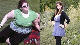 Kelly Meager before (left) and after (right) her weight loss