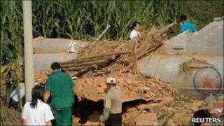 Wreckage of the aircraft in Fushun county, China