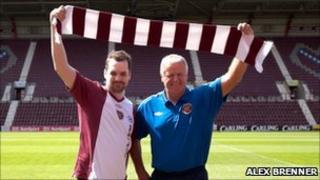 Comedian Jim Jefferies (left) with Jim Jefferies (Hearts legend)