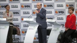 Marina Silva (left), Jose Serra (centre) and Dilma Rousseff (right) during the online debate