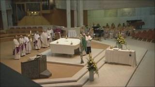 Bishop Mervyn's coffin at Clifton Cathedral