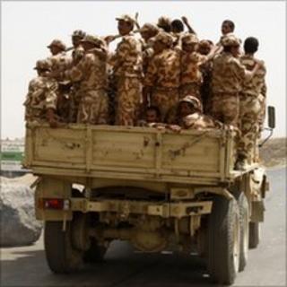 Soldiers in Harf Sufian district in the northern Yemeni province of Amran