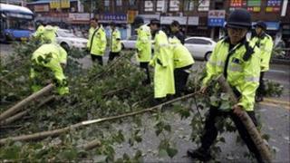 Police remove a fallen tree in Seoul on 2 September 2010