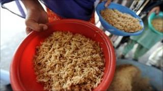 Bowl of rice at food distribution point in Pakistan