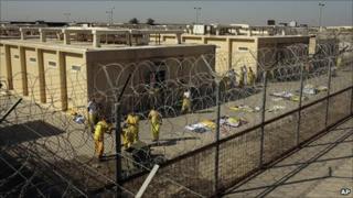 Detainees outside a cell block at Camp Cropper in Baghdad, Iraq