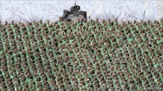Mexican troops take part in bicentennial celebrations marking the Mexican War of Independence in Mexico City on 13 September 2010.