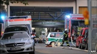 Police and the fire brigade outside the hospital