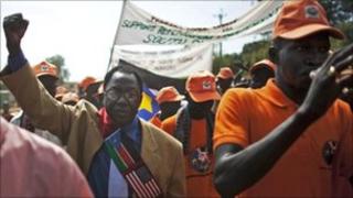 Southern Sudanese pro-independence activists march through the southern capital of Juba on 9 September 2010.