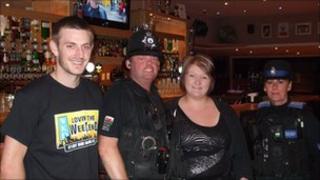 Assistant manager of Club 147 Andrew Edwards-Hughes, PC Gary Donnelly, Sam Bridge, manager of Club 147 and PCSO Gail Starr.