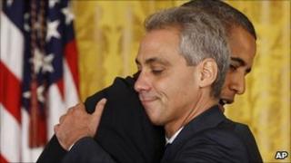 Rahm Emanuel hugging Barack Obama