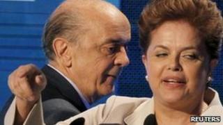 Jose Serra and Dilma Rousseff during their debate on TV on 10 October
