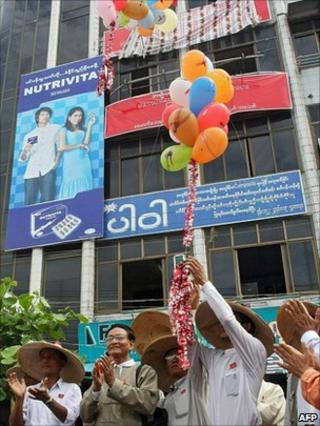 Members of Burma's newly-formed opposition party National Democratic Force (NDF) during the opening ceremony of their party office in Bago
