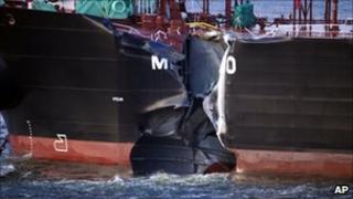 The damaged hull of the Greek tanker the Mindoro