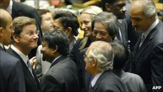 Germany Foreign Minister Guido Westerwelle being congratulated at the UN