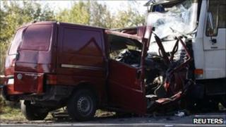Wreckage of a transportation van and a lorry near Nowe Miasto nad Pilica, 12 October 2010