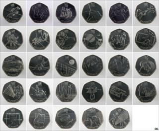 The 29 Olympic and Paralympic sports themed 50 pence pieces, designed by members of the public, which go into circulation on 13 October 2010