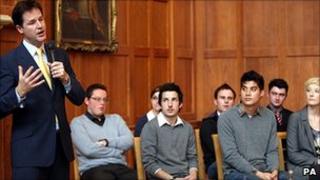 Nick Clegg speaking to students at Queen's University Belfast