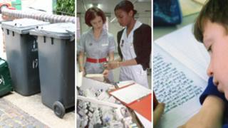 Composite pic of bins, nurses and pupil