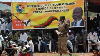 A large campaign banner in Juba with the words 'Referendum is your Golden Chance'