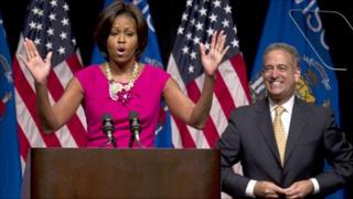 First lady Michelle Obama speaks at a campaign event for Sen Russ Feingold in Milwaukee