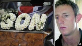 Floral tribute and Cpl Matthew Thomas