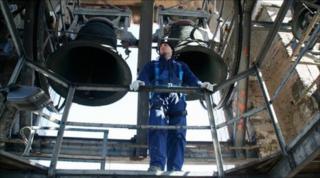Giacomo Rubagotti in the bell tower in Chiari Cathedral