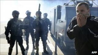 Riot police officers during a high school student demonstration in Lyon, 21/10