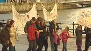 Protesters marched through the town and along the sea front