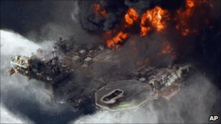 The Deepwater Horizon rig burns