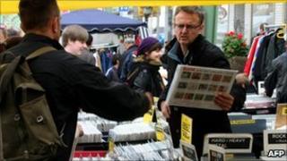 Shopper at a market in Wuppertal, western Germany