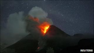 Mount Merapi volcano erupts as seen from Sidorejo village in Klaten