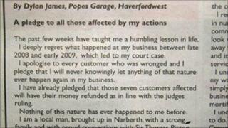 The apology advert placed by Dylan James