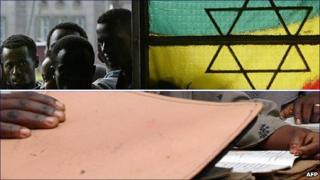 Top: University students queuing to vote in Addis Ababa in 2005. Bottom: Women attending a class in Alem Gena