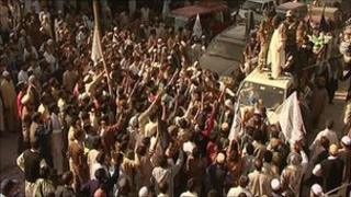 A militant leader addresses a crowd in Muzaffarabad