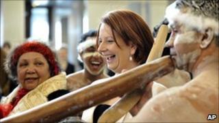 Julia Gillard with Aboriginal elders in Canberra (24 February 2010)