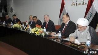 Senior political leaders attend a meeting before a session at the Parliament headquarters in Baghdad, November 13, 2010