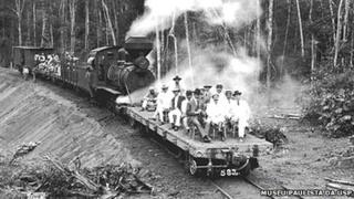 Brazilian official inspect a section of the track. Photo by Dana B Merrill, from the archive of the Museu Paulista, Sao Paulo University